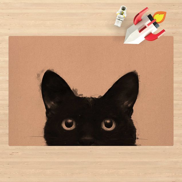 Teppich modern Illustration Schwarze Katze auf Weiß Malerei