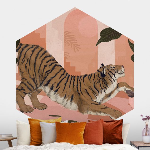 Fototapete Löwe Illustration Tiger in Pastell Rosa Malerei