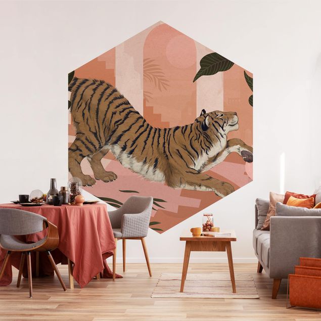 Fototapete Tiere Illustration Tiger in Pastell Rosa Malerei