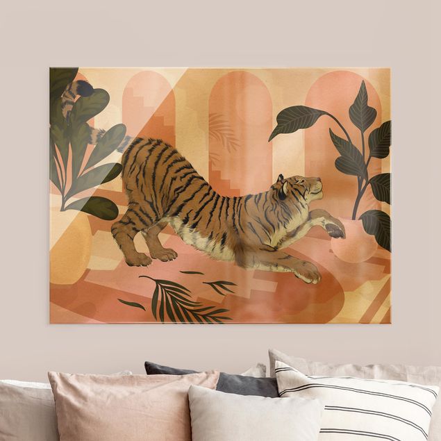 Glasbilder Tiere Illustration Tiger in Pastell Rosa Malerei
