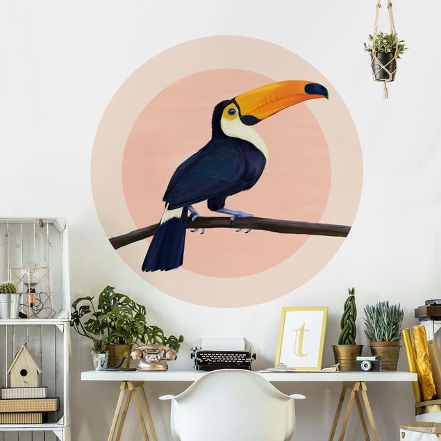 Runde Tapete selbstklebend - Illustration Vogel Tukan Malerei Pastell