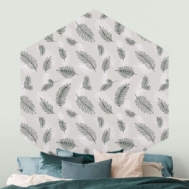 Design Tapeten Illustrierte Blätter Muster Grün Beige