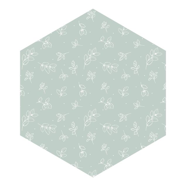 Hexagon Mustertapete selbstklebend - Illustrierte Blätter Muster Pastell Grün