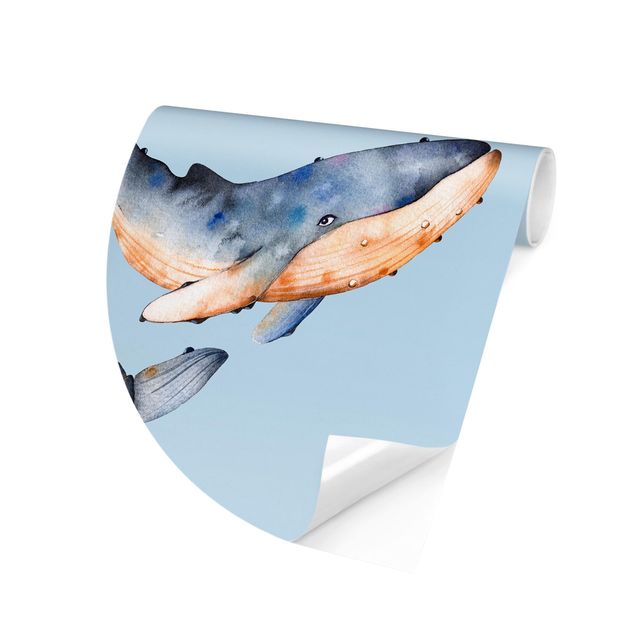 Runde Tapete selbstklebend - Illustrierte Wale als Aquarell