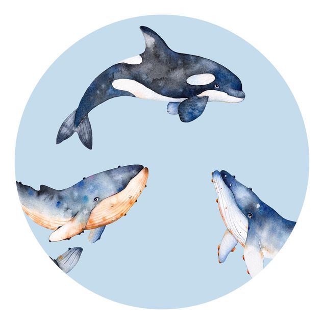 Runde Tapete selbstklebend - Illustrierte Wale als Aquarell