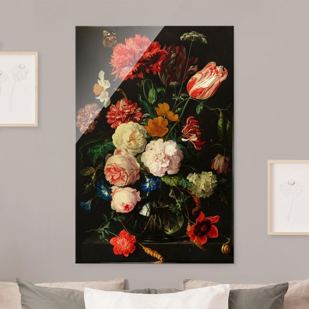 Glasbild - Jan Davidsz de Heem - Stillleben mit Blumen in einer Glasvase - Hochformat 3:2
