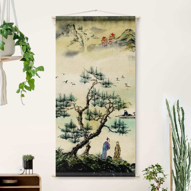 Moderne Wandteppiche Japanische Aquarell Zeichnung Kiefer und Bergdorf