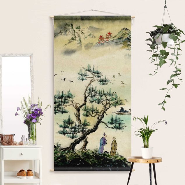 Wandbehang Stoffbild Japanische Aquarell Zeichnung Kiefer und Bergdorf