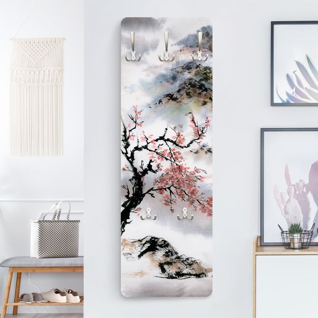 Vintage Garderobe Japanische Aquarell Zeichnung Kirschbaum und Berge