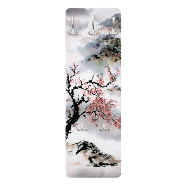 Wandgarderobe mit Motiv Japanische Aquarell Zeichnung Kirschbaum und Berge