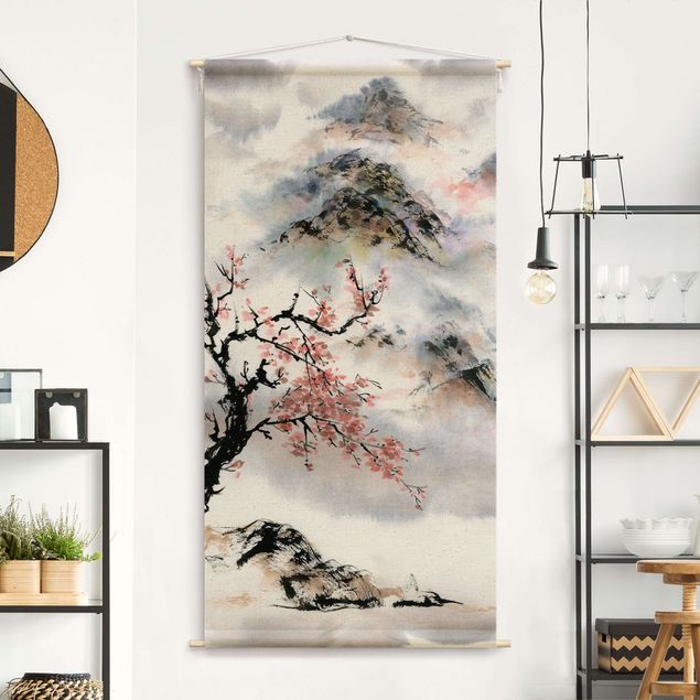 Wandteppich modern Japanische Aquarell Zeichnung Kirschbaum und Berge