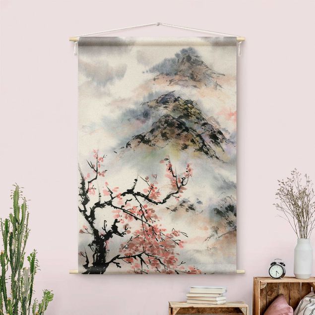 Wandbehang Japanische Aquarell Zeichnung Kirschbaum und Berge