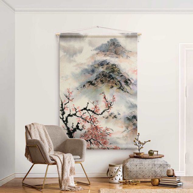 Wandtücher Japanische Aquarell Zeichnung Kirschbaum und Berge