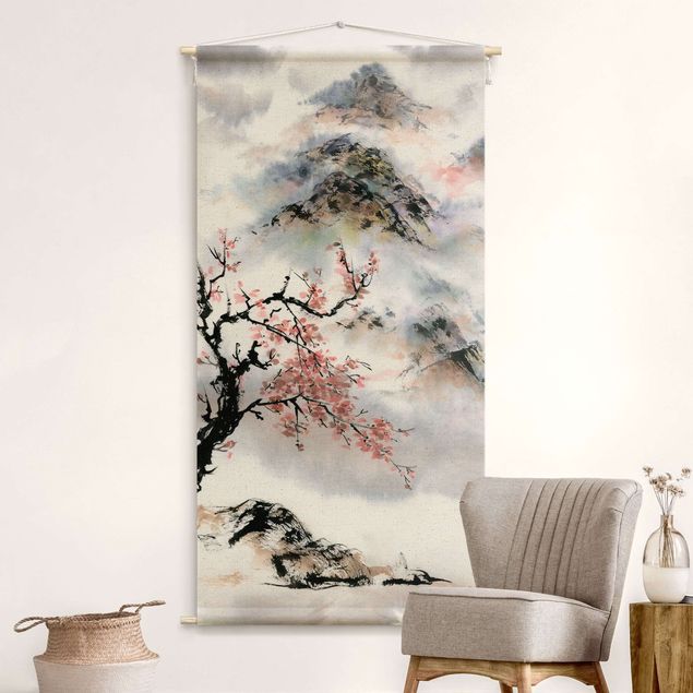 Wandteppich groß Japanische Aquarell Zeichnung Kirschbaum und Berge