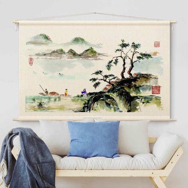 Wandbehang Stoffbild Japanische Aquarell Zeichnung See und Berge