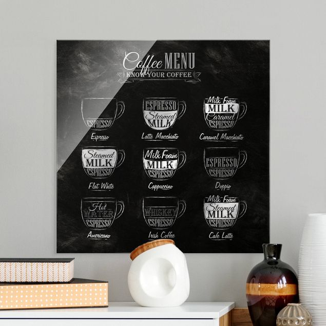 Glasbilder Schwarz-Weiß Kaffeesorten Kreidetafel