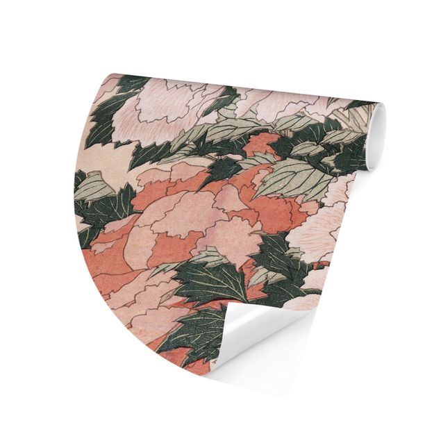Runde Tapete selbstklebend - Katsushika Hokusai - Rosa Pfingstrosen mit Schmetterling
