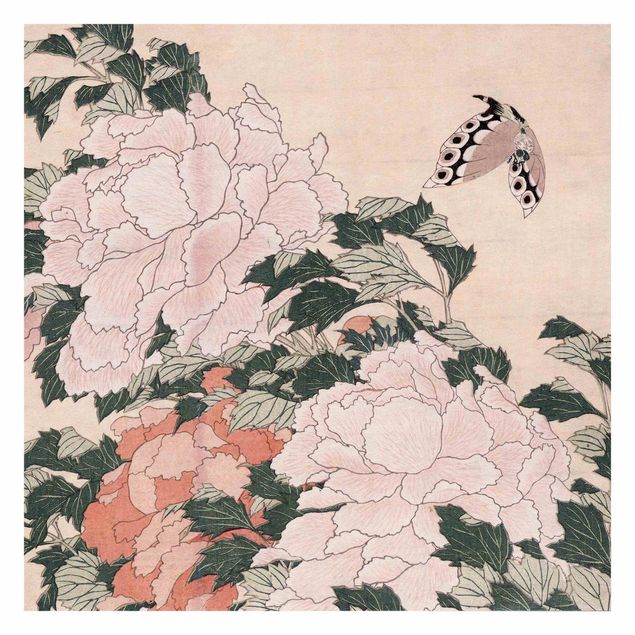 Fototapete - Katsushika Hokusai - Rosa Pfingstrosen mit Schmetterling