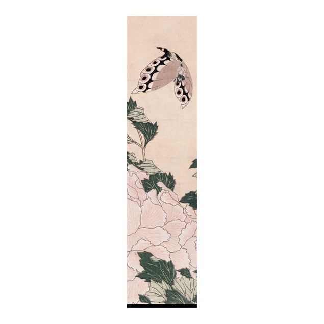 Schiebegardinen Kunstdrucke Katsushika Hokusai - Rosa Pfingstrosen mit Schmetterling
