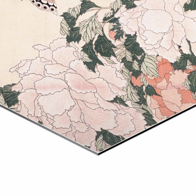 Hexagon-Alu-Dibond Bild - Katsushika Hokusai - Rosa Pfingstrosen mit Schmetterling