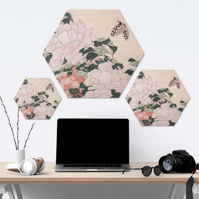 Hexagon-Alu-Dibond Bild - Katsushika Hokusai - Rosa Pfingstrosen mit Schmetterling