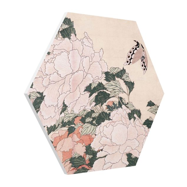 Hexagon-Forexbild - Katsushika Hokusai - Rosa Pfingstrosen mit Schmetterling