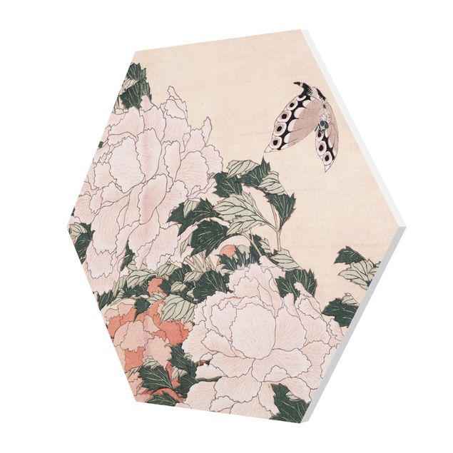 Hexagon-Forexbild - Katsushika Hokusai - Rosa Pfingstrosen mit Schmetterling