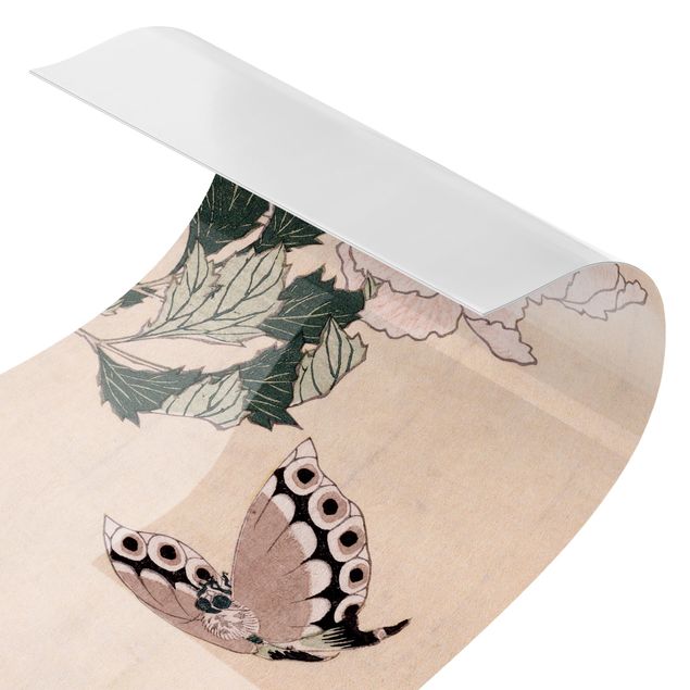 Spritzschutz Küche ohne bohren Katsushika Hokusai - Rosa Pfingstrosen mit Schmetterling