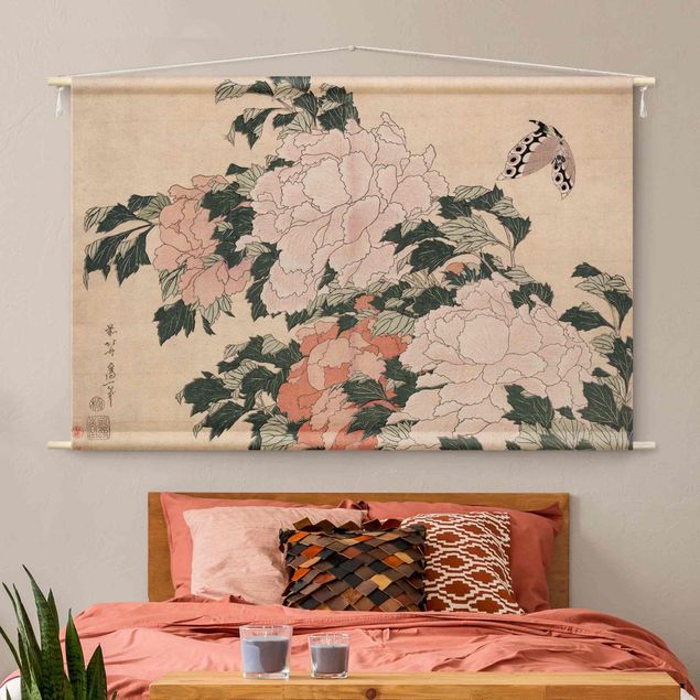 Wandbehang Stoff Katsushika Hokusai - Rosa Pfingstrosen mit Schmetterling