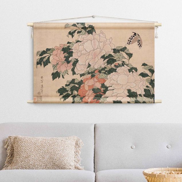 Wandbehang groß Katsushika Hokusai - Rosa Pfingstrosen mit Schmetterling