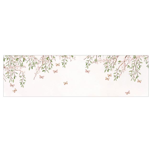 Küchenrückwand Motiv Kirschblüte im Flügelspiel der Schmetterlinge