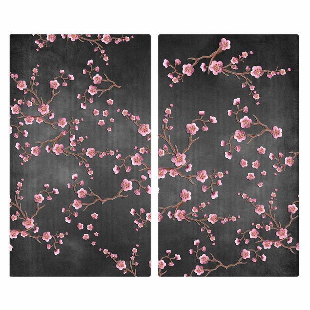 Herdabdeckplatte Glas - Kirschblüten auf Schwarz