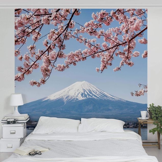 Fototapete Blumen Kirschblüten mit Berg Fuji
