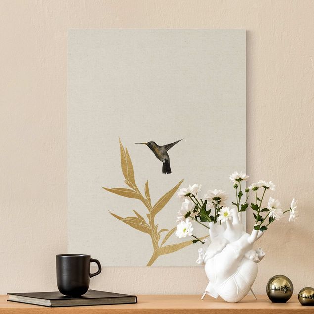 Leinwandbild Natur - Kolibri und tropische goldene Blüte II - Hochformat 3:4