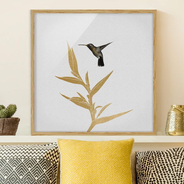 Moderne Bilder mit Rahmen Kolibri und tropische goldene Blüte II