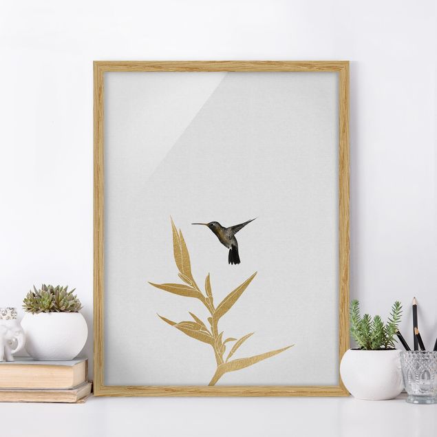 Moderne Bilder mit Rahmen Kolibri und tropische goldene Blüte II