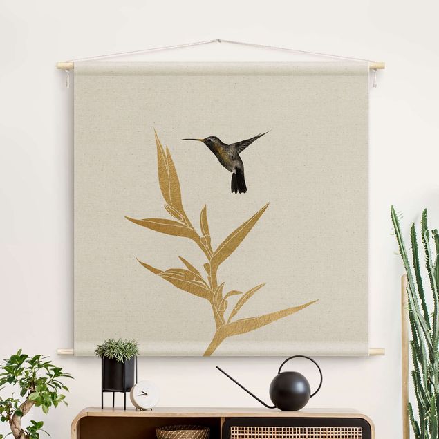 Wandbehang modern Kolibri und tropische goldene Blüte II
