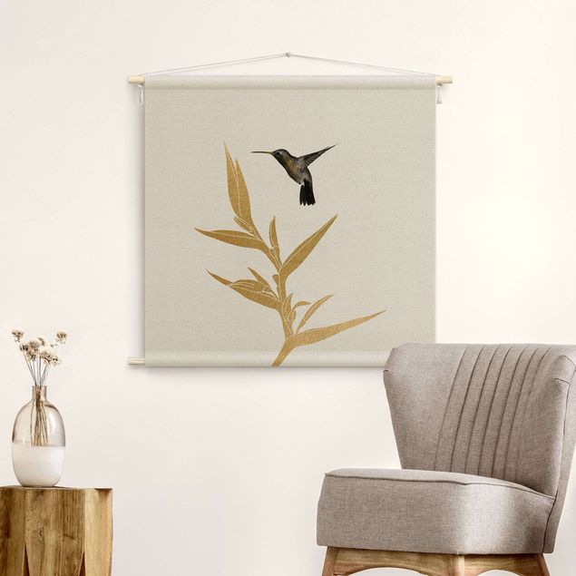 Wandbehang groß Kolibri und tropische goldene Blüte II