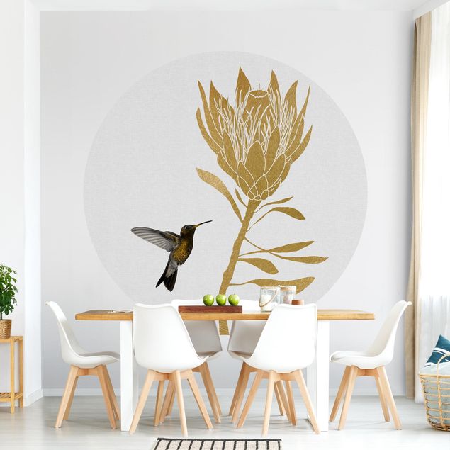 Design Tapeten Kolibri und tropische goldene Blüte