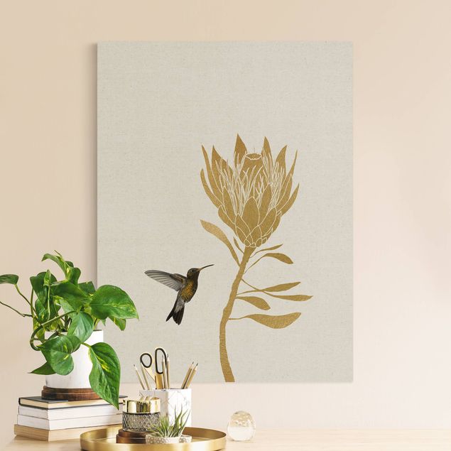 Leinwandbilder Vögel Kolibri und tropische goldene Blüte