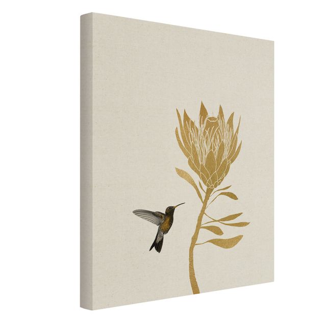 Leinwandbild Natur - Kolibri und tropische goldene Blüte - Hochformat 3:4