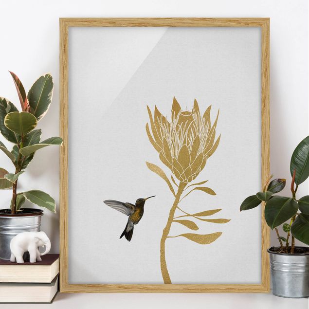 Moderne Bilder mit Rahmen Kolibri und tropische goldene Blüte