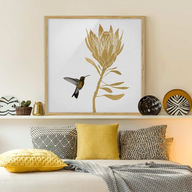 Tiere Bilder mit Rahmen Kolibri und tropische goldene Blüte