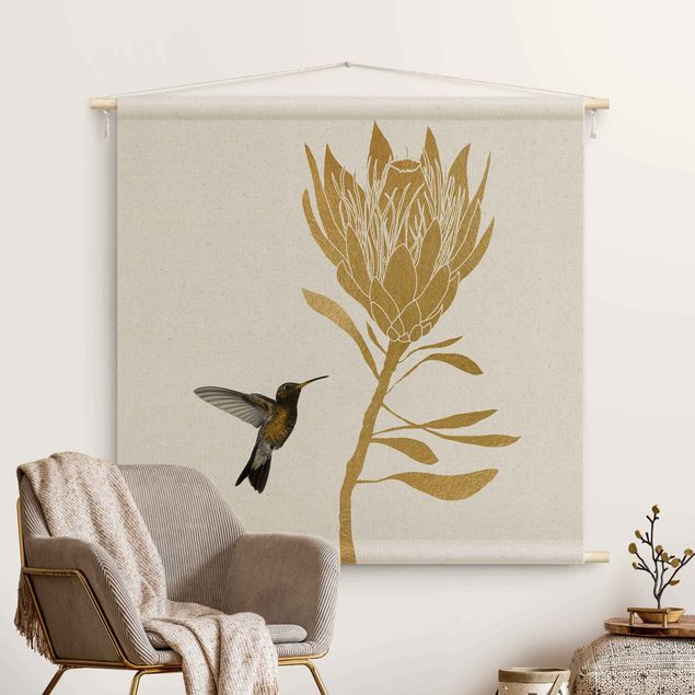 Wandteppich modern Kolibri und tropische goldene Blüte