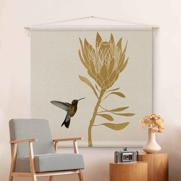 Wandbehang Kolibri und tropische goldene Blüte