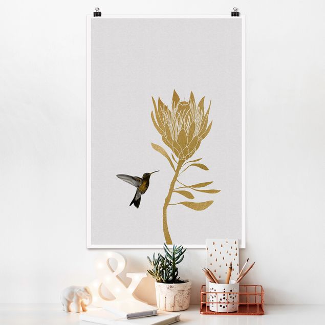 XXL Poster Kolibri und tropische goldene Blüte