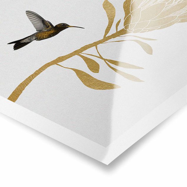 Poster - Kolibri und tropische goldene Blüte - Hochformat 2:3