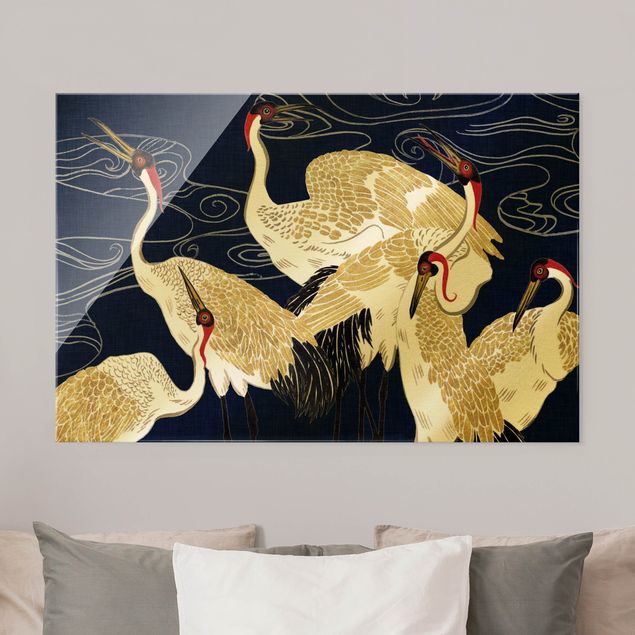 Glasbilder Tiere Kraniche mit goldenen Federn II