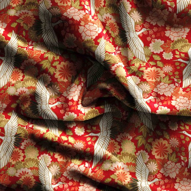 Vorhang blickdicht Kraniche und Chrysanthemen Rot