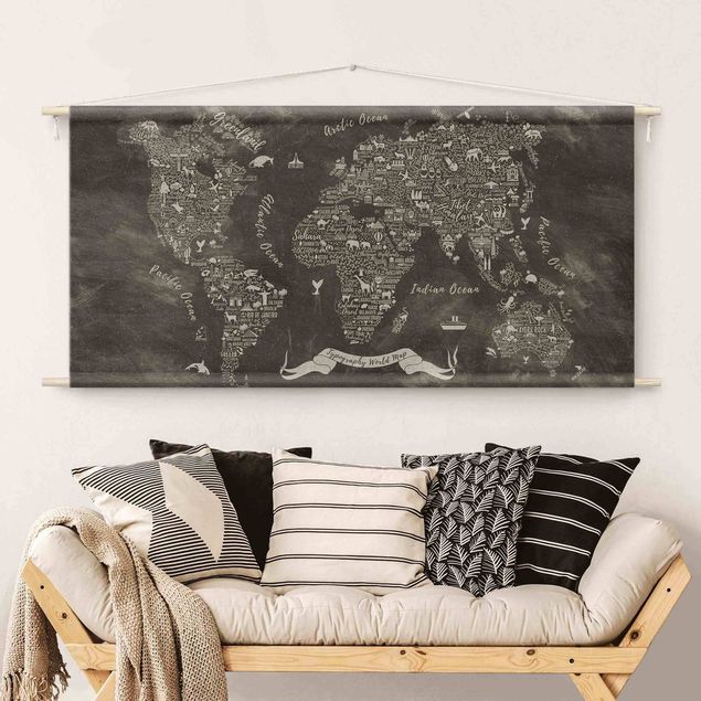 Wandbehang modern Kreide Typografie Weltkarte